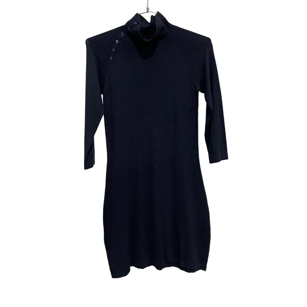Louis Féraud Paris Button Turtleneck Sweater Dress Womens 34 Navy Blue Cozy Knit